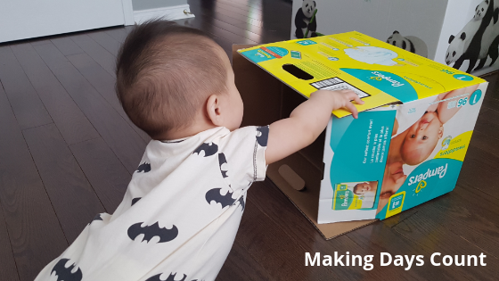 Playing with an empty diaper box