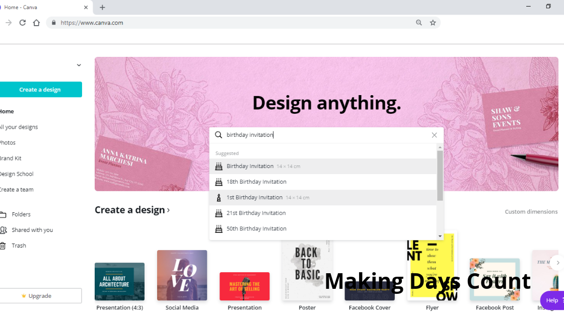 Typing in birthday invitations on canva