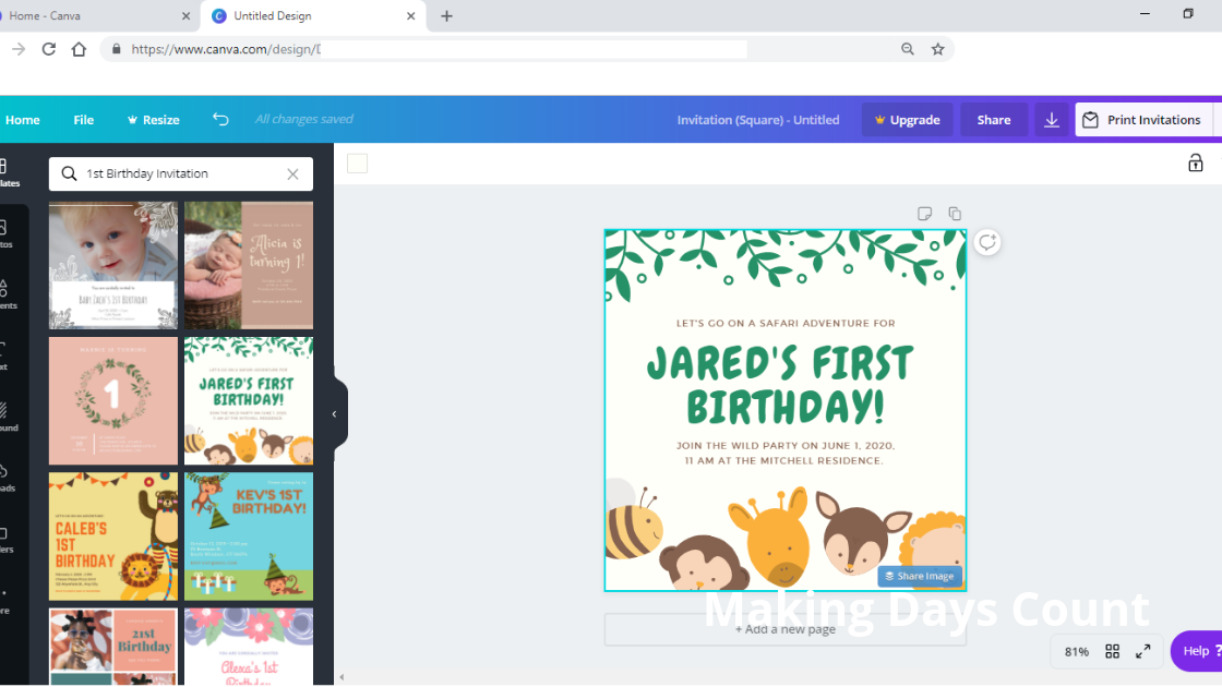 Choosing a birthday template on canva